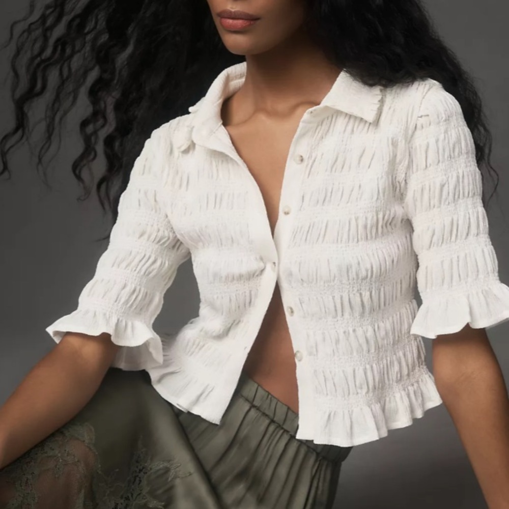 White Smocked Boho Half Sleeve Button Front Top